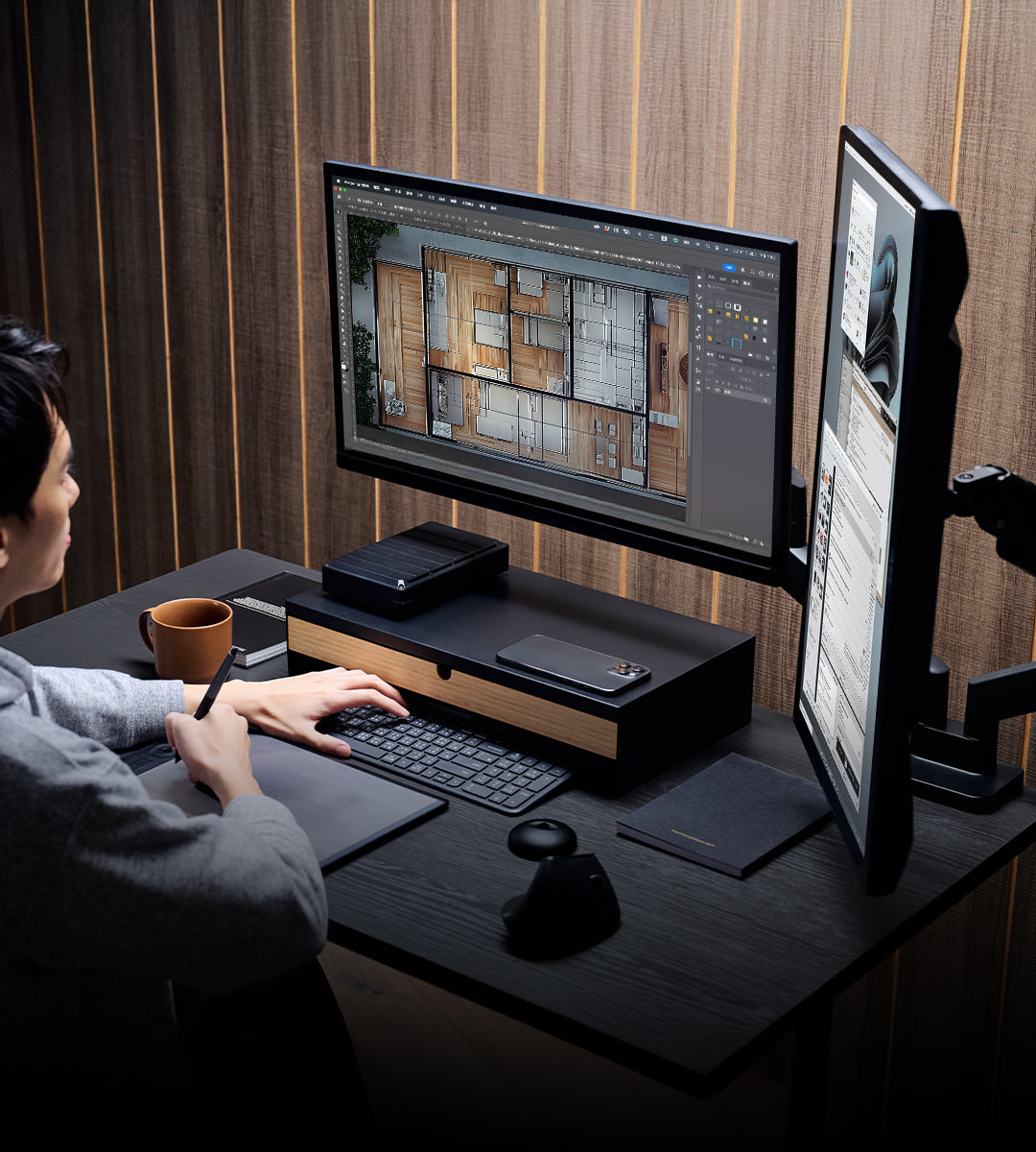 ULTRARM monitor arm and Moodular wooden monitor stand — modular, ergonomic, and designed for VISION ultrawide monitors. Enhances comfort, saves space, and elevates your workspace with precision craftsmanship.