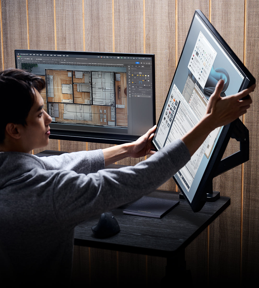 ULTRARM monitor arm and Moodular wooden monitor stand — modular, ergonomic, and designed for VISION ultrawide monitors. Enhances comfort, saves space, and elevates your workspace with precision craftsmanship.