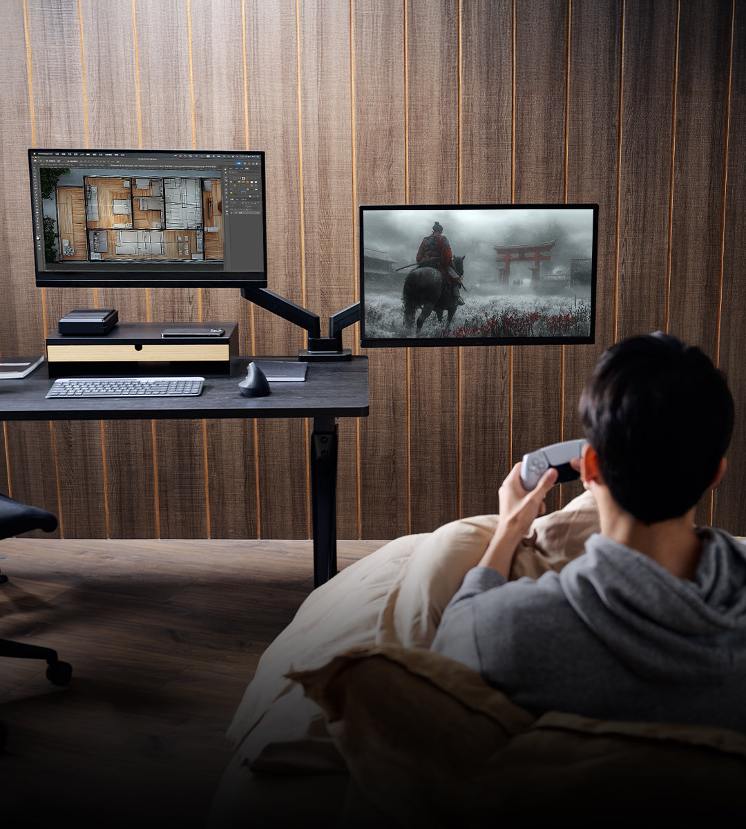 ULTRARM monitor arm and Moodular wooden monitor stand — modular, ergonomic, and designed for VISION ultrawide monitors. Enhances comfort, saves space, and elevates your workspace with precision craftsmanship.