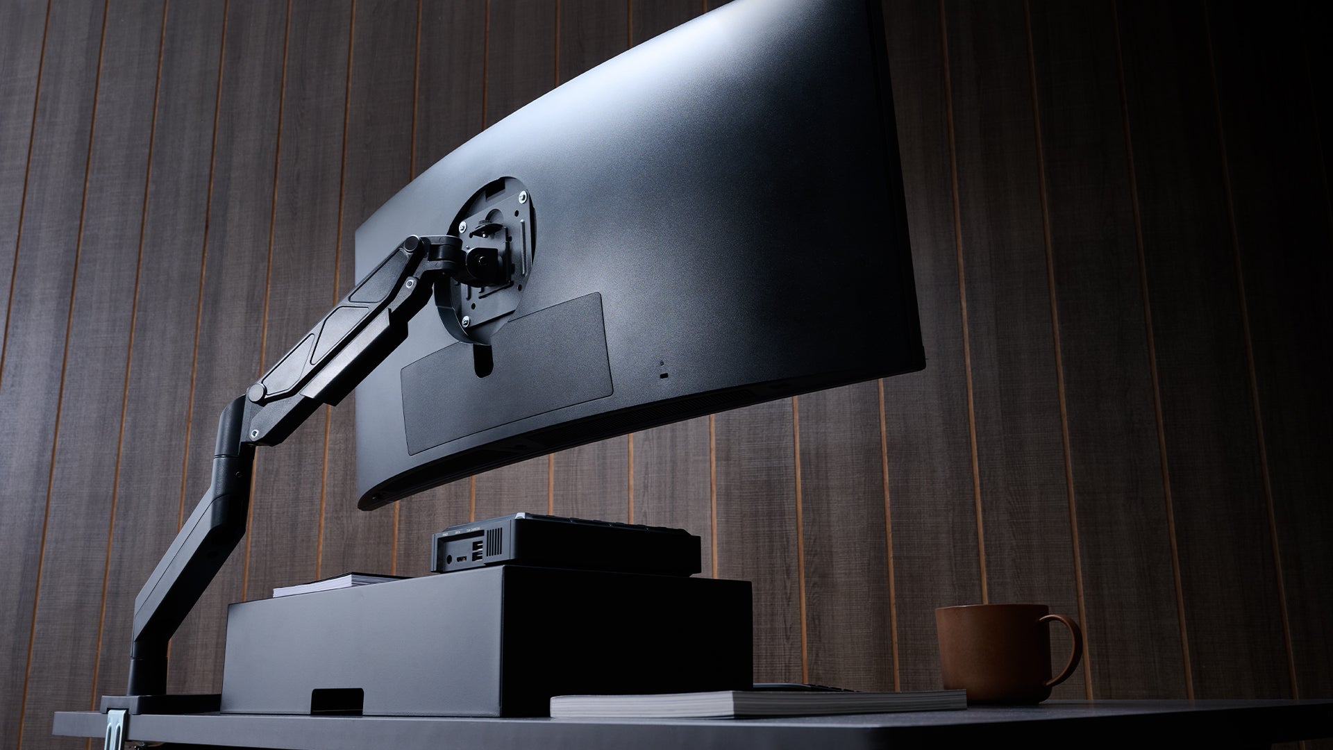 ULTRARM monitor arm and Moodular wooden monitor stand — modular, ergonomic, and designed for VISION ultrawide monitors. Enhances comfort, saves space, and elevates your workspace with precision craftsmanship.