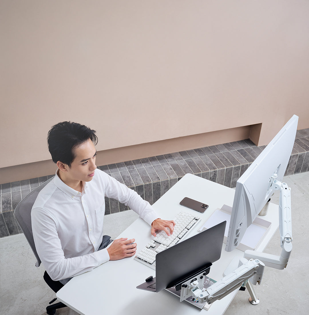 ULTRARM monitor arm and Moodular wooden monitor stand — modular, ergonomic, and designed for VISION ultrawide monitors. Enhances comfort, saves space, and elevates your workspace with precision craftsmanship.