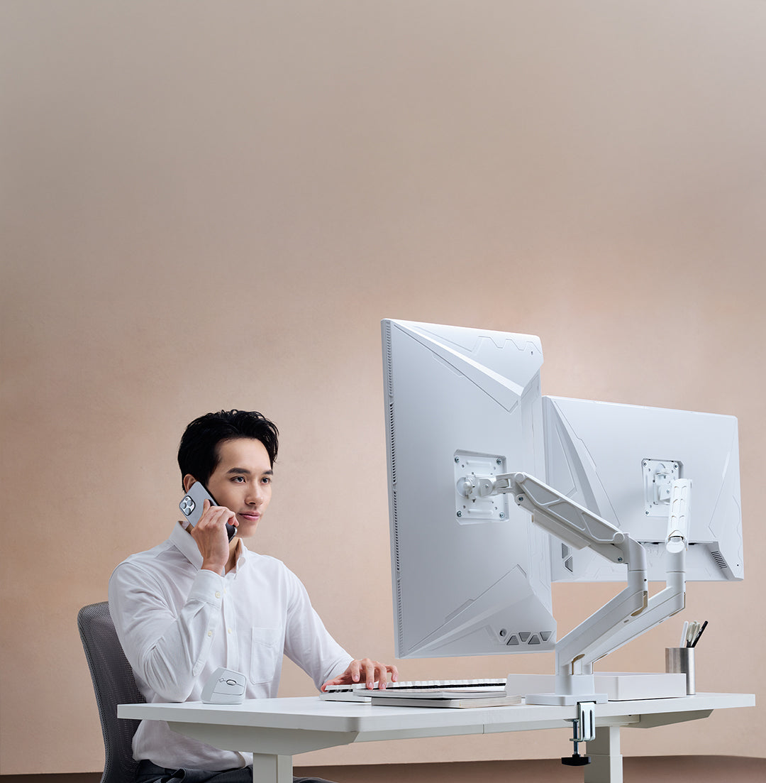 ULTRARM monitor arm and Moodular wooden monitor stand — modular, ergonomic, and designed for VISION ultrawide monitors. Enhances comfort, saves space, and elevates your workspace with precision craftsmanship.