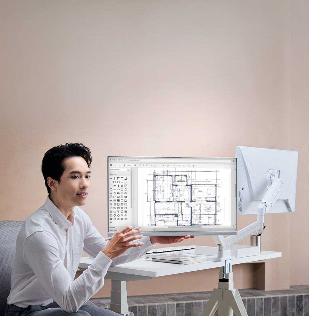 ULTRARM monitor arm and Moodular wooden monitor stand — modular, ergonomic, and designed for VISION ultrawide monitors. Enhances comfort, saves space, and elevates your workspace with precision craftsmanship.