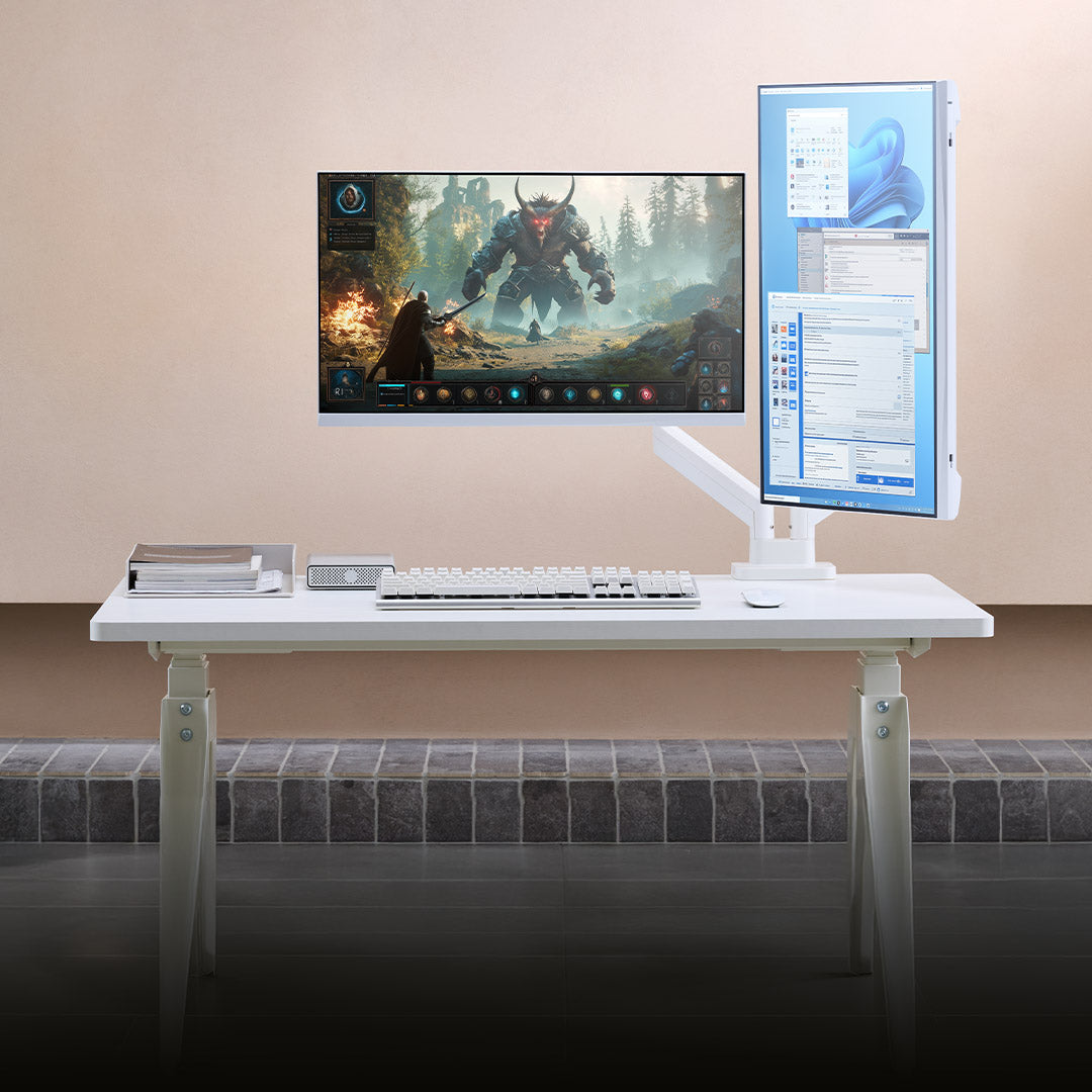 ULTRARM monitor arm and Moodular wooden monitor stand — modular, ergonomic, and designed for VISION ultrawide monitors. Enhances comfort, saves space, and elevates your workspace with precision craftsmanship.