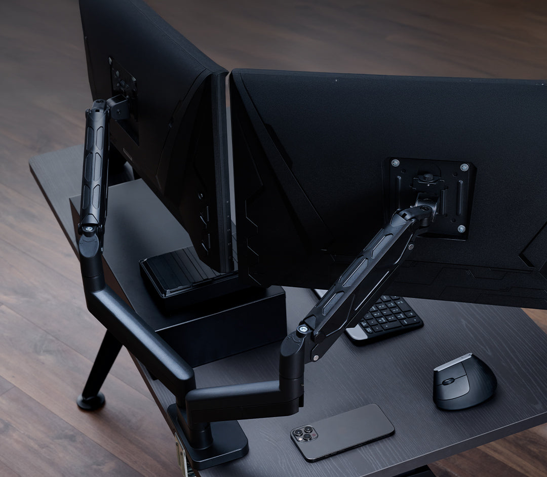 ULTRARM monitor arm and Moodular wooden monitor stand — modular, ergonomic, and designed for VISION ultrawide monitors. Enhances comfort, saves space, and elevates your workspace with precision craftsmanship.
