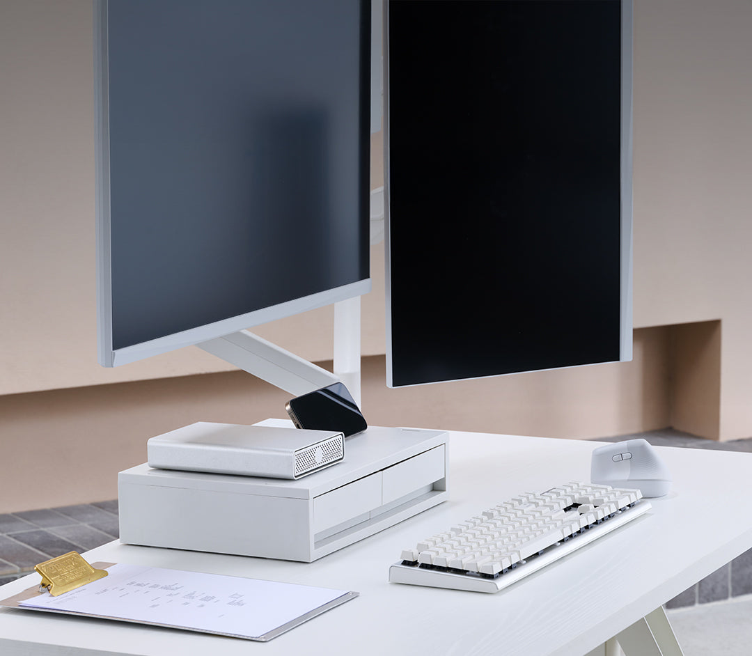 ULTRARM monitor arm and Moodular wooden monitor stand — modular, ergonomic, and designed for VISION ultrawide monitors. Enhances comfort, saves space, and elevates your workspace with precision craftsmanship.